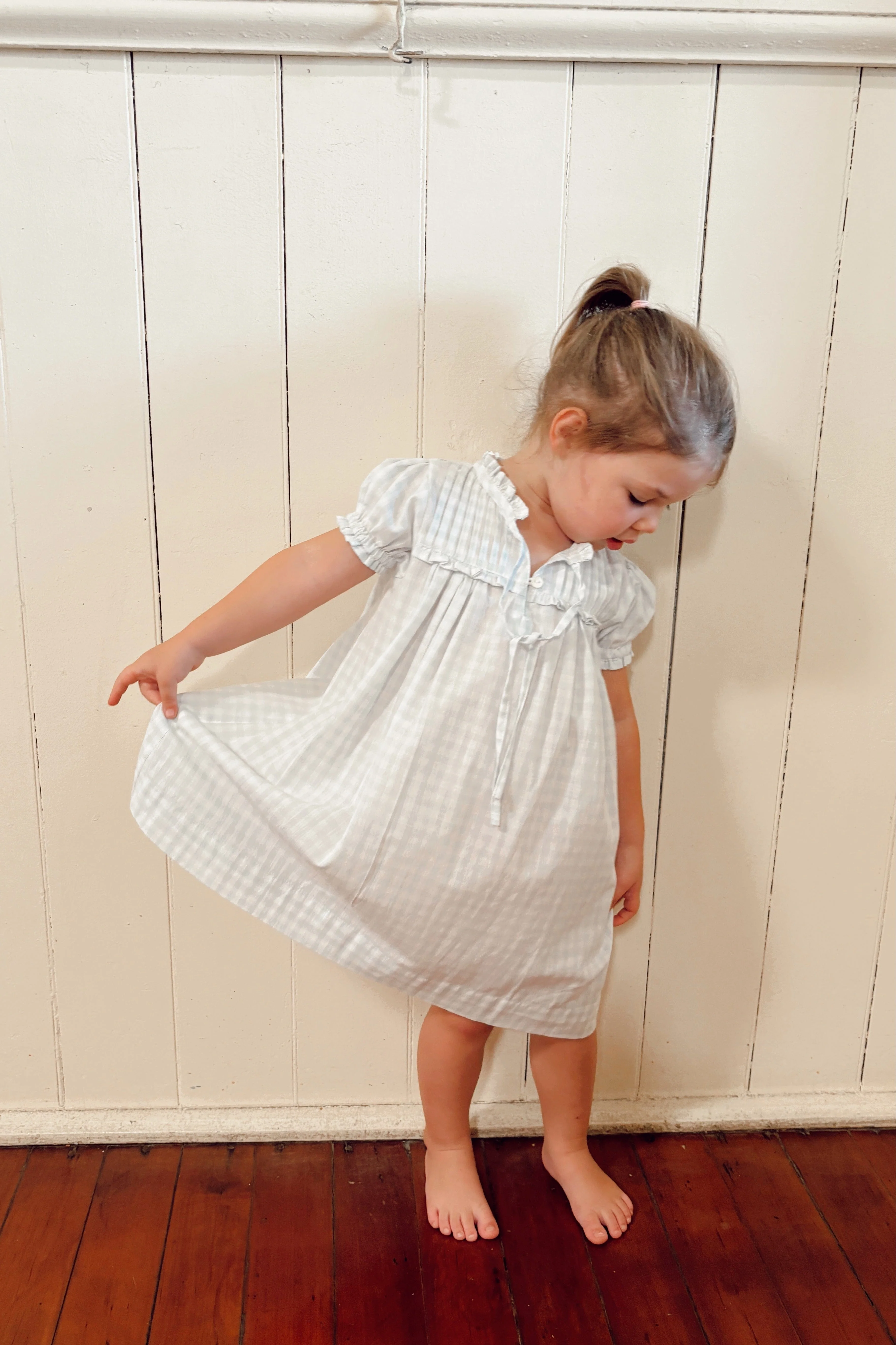 Girls Lounge Dress - Gingham Pale Blue - Image 5