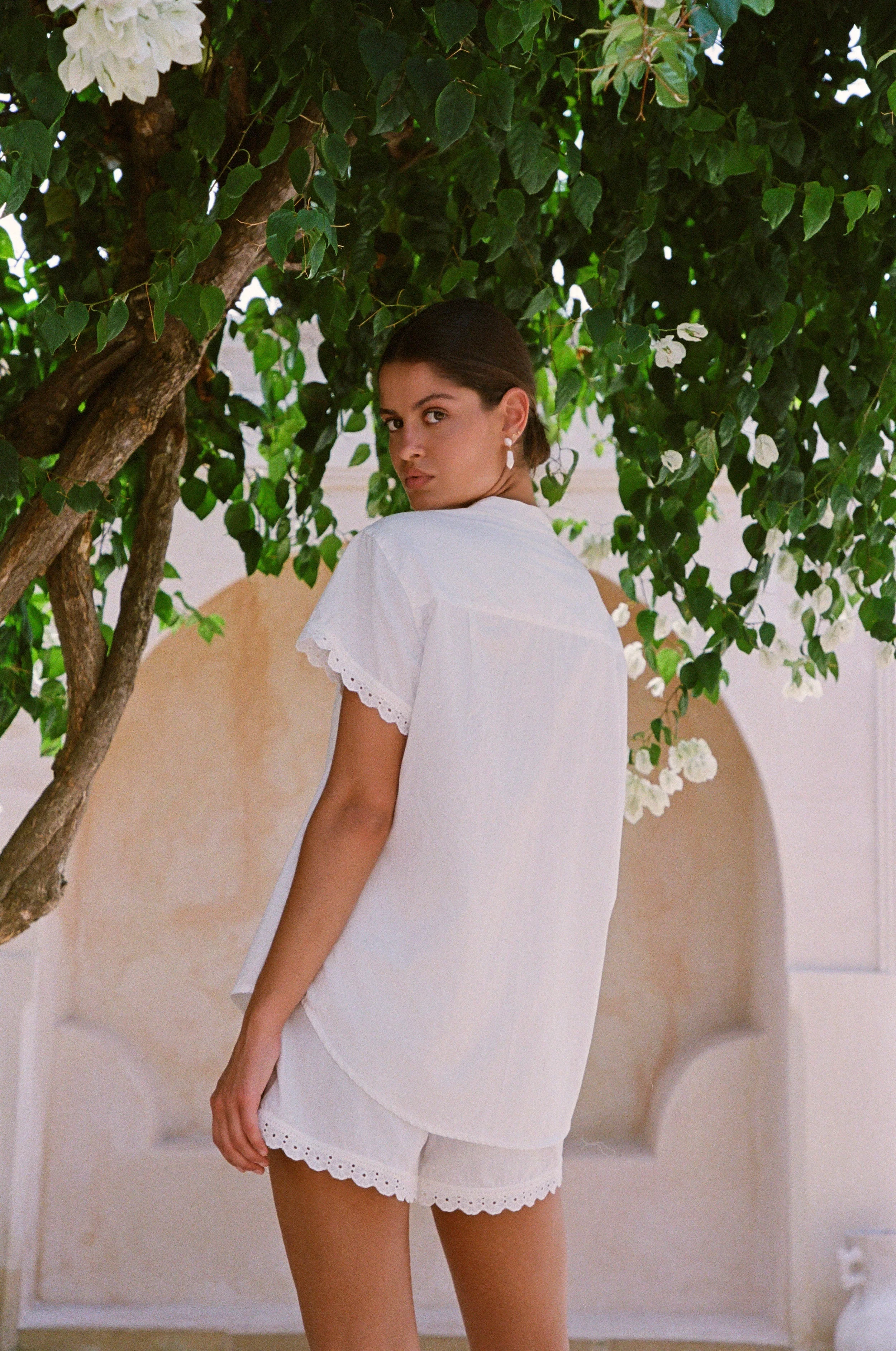 Maggie Pyjama Set - Bridal - Cotton Modal - Off White + Daisy Trim - Image 7