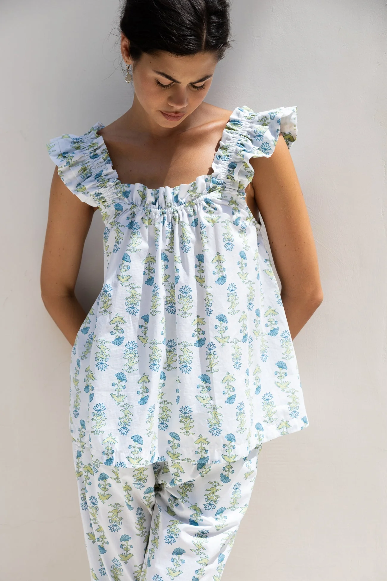 Nicolette Sleep Set - Pants - Cotton - Lotus Flower - Blue - Image 5