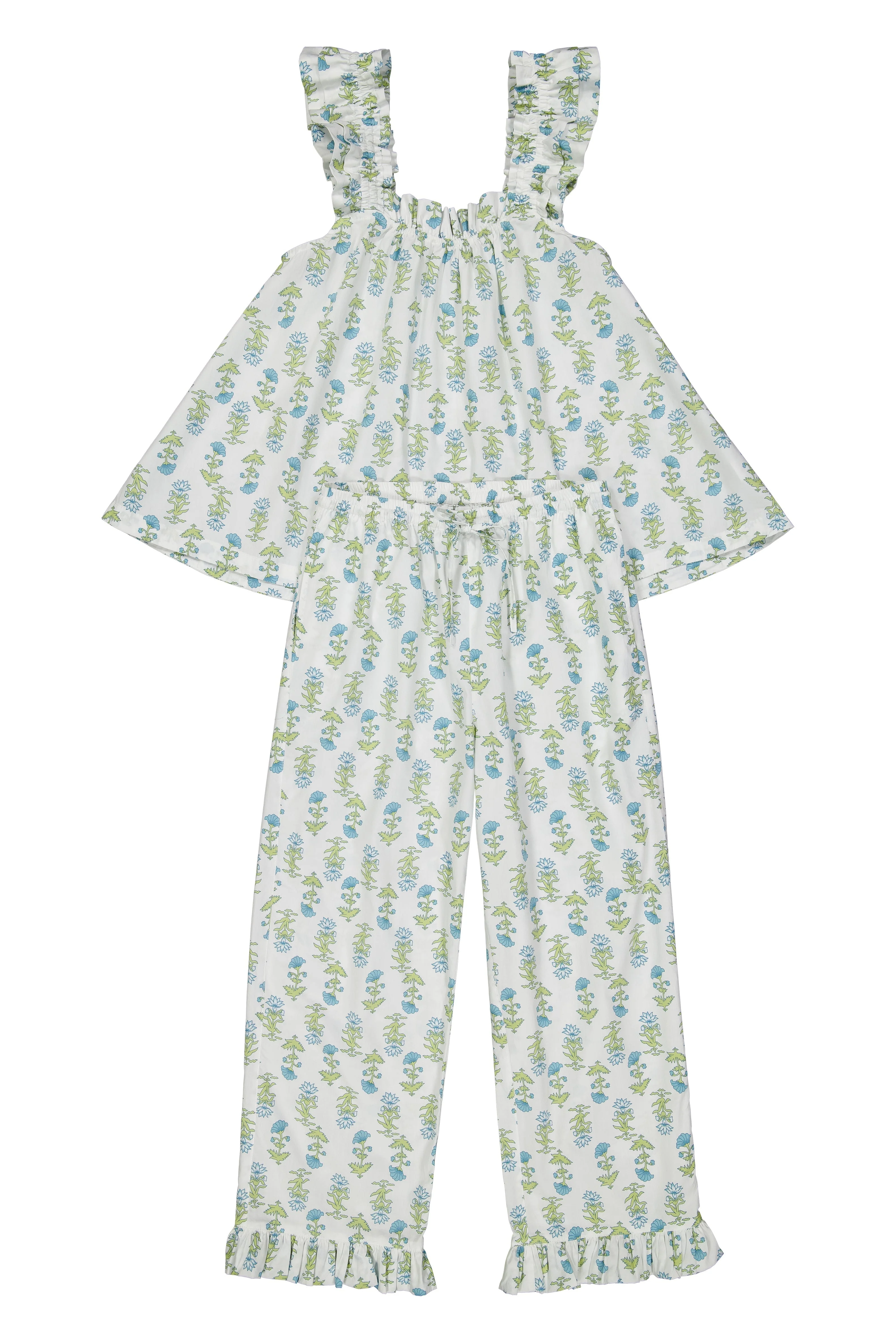 Nicolette Sleep Set - Pants - Cotton - Lotus Flower - Blue - Image 6