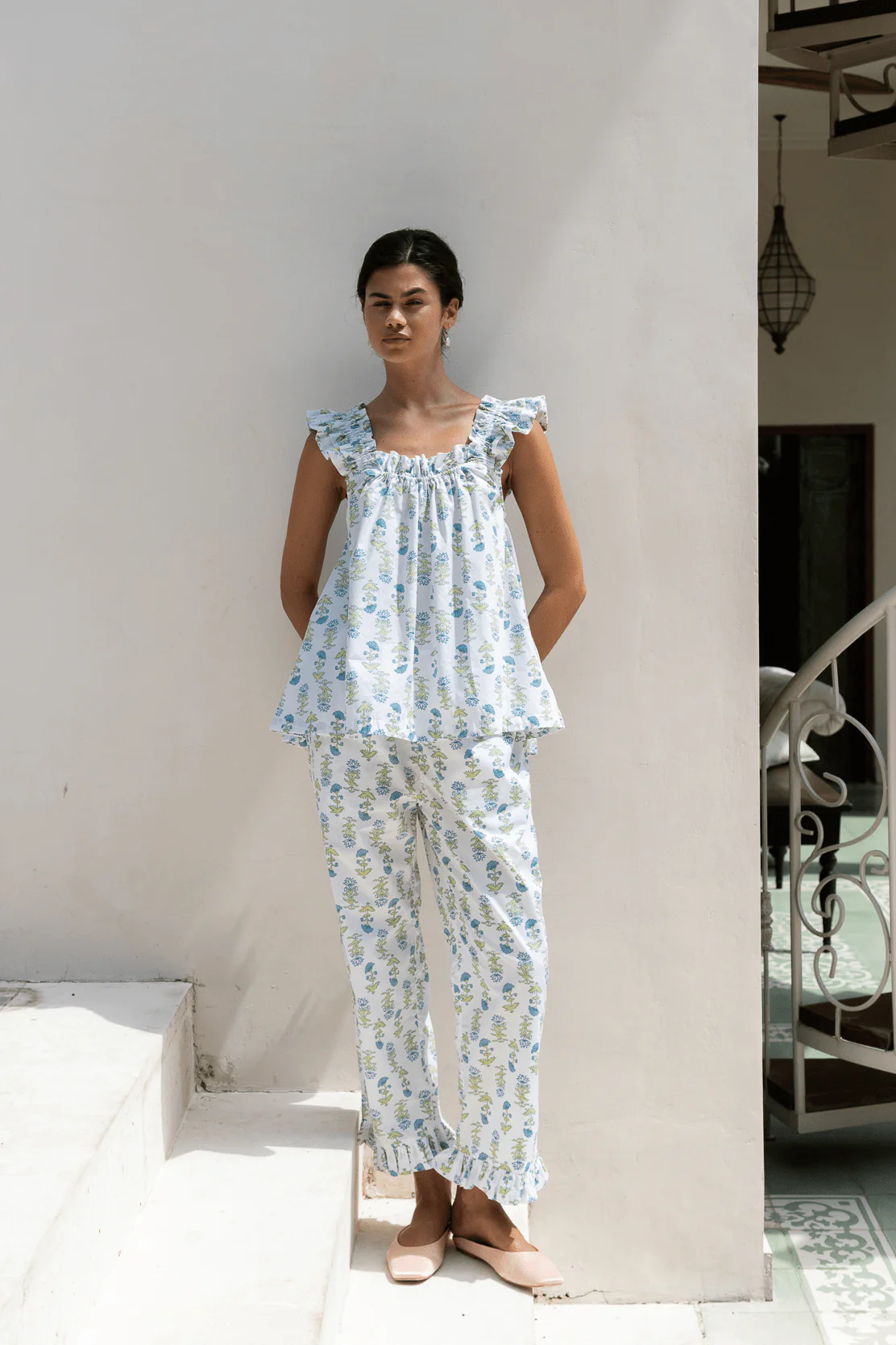 Nicolette Sleep Set - Pants - Cotton - Lotus Flower - Blue - Image 7