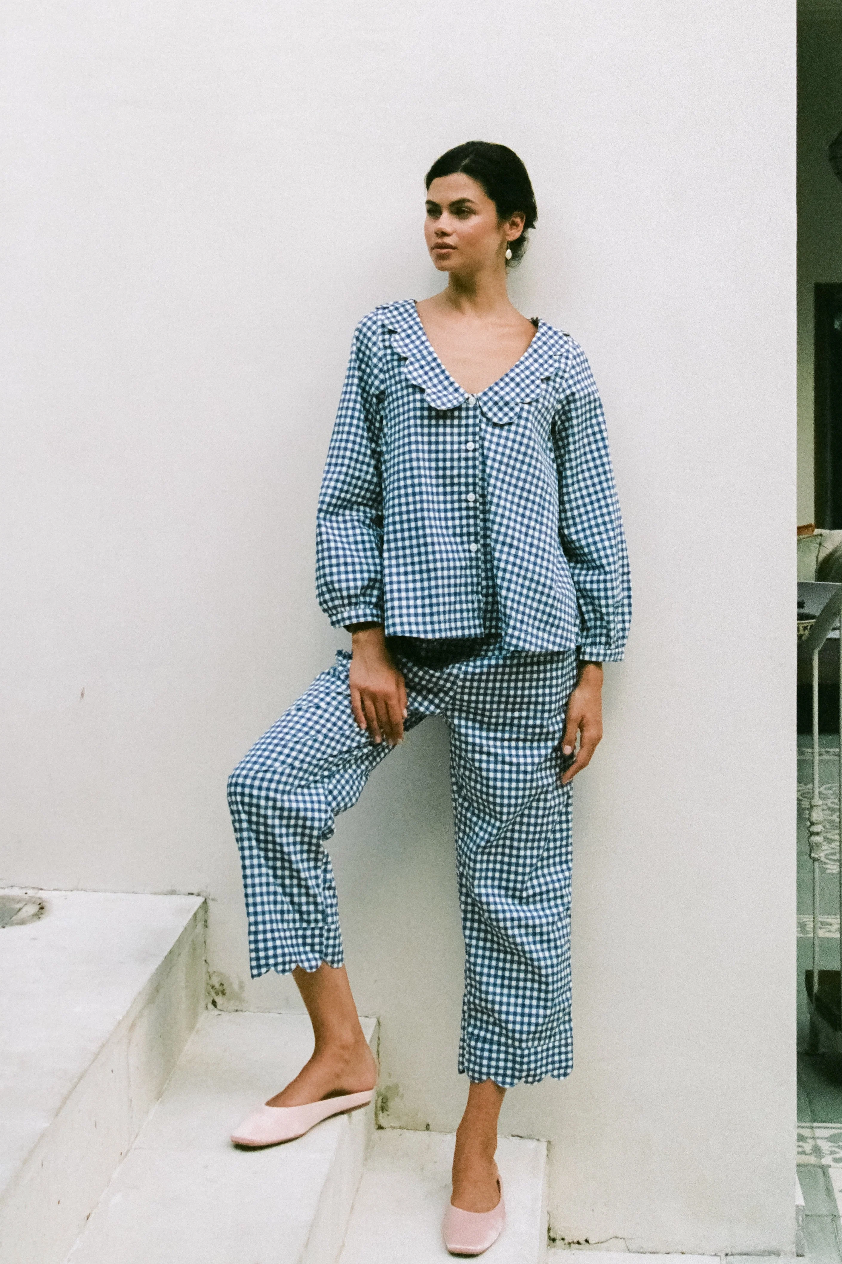 Penelope Sleep Set - Long - Gingham - Navy - Image 4