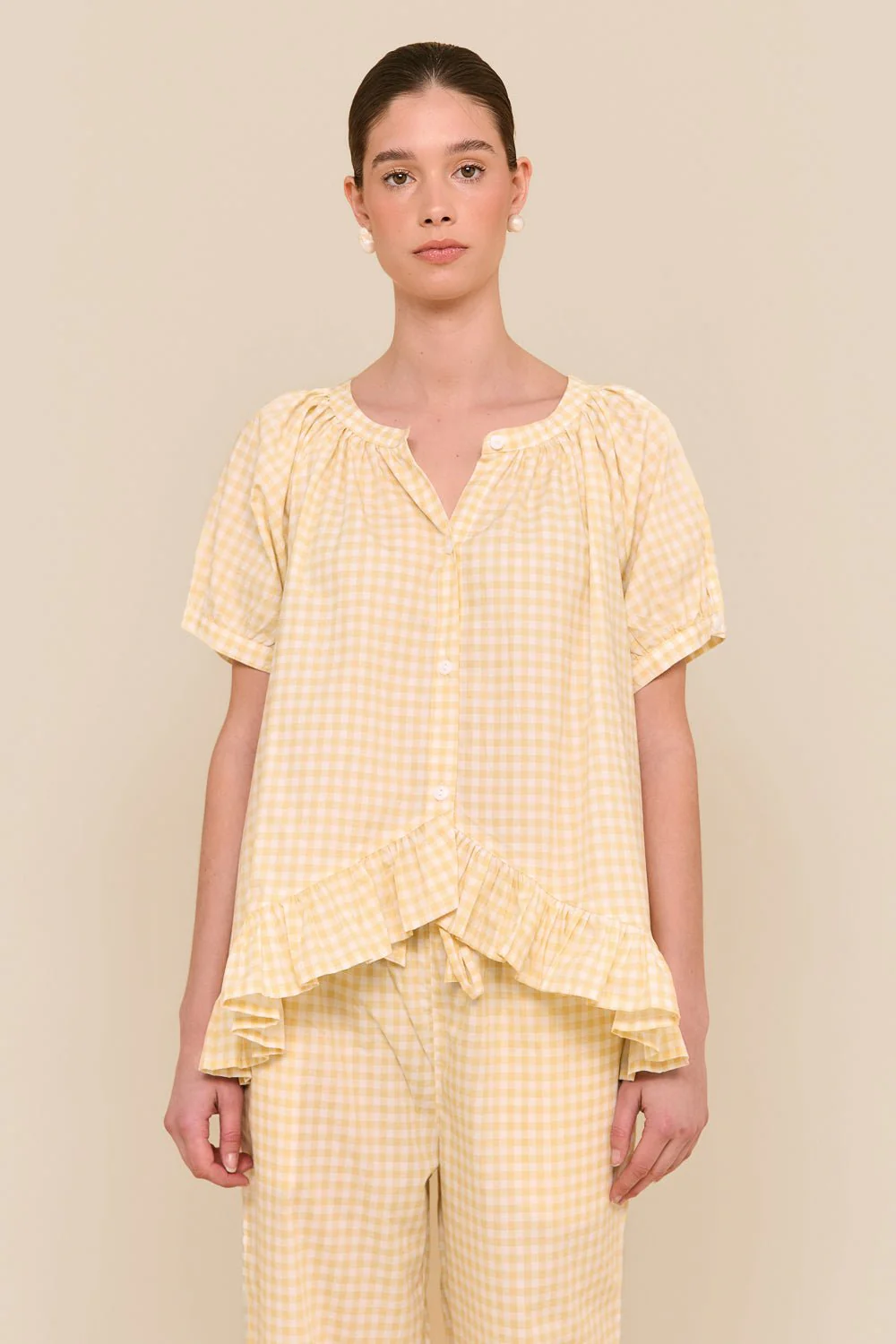 Sophie Sleep Set - Pants - Cotton - Gingham Yellow - Image 8
